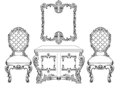 Barok lüks stil mobilya tuvalet Masası ve sandalyeler koleksiyon küme. Döşeme ile lüks zengin süsler. Fransızca dekorasyon oyulmuş. Vektör Victoria nefis