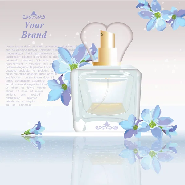 青い花香水瓶化粧品の広告テンプレート、液滴の分離の見事な背景を模擬。ブランド テキストのための場所。スパーク リングの華やかな香りの効果。ベクトル図 — ストックベクタ
