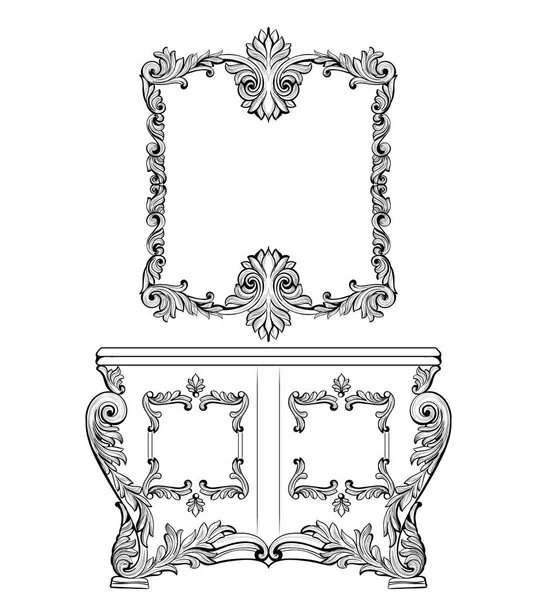 Fabelhafte barocke Konsole Tisch und Spiegel Rahmen-Set. Vektor Französisch Luxus reich geschnitzten Ornamenten. Möbel im viktorianischen Stil — Stockvektor