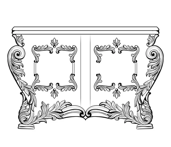 Table de commode baroque impériale exquise avec tiroirs. Vector French Structure décorée riche et complexe de luxe. Décor de style royal victorien — Image vectorielle