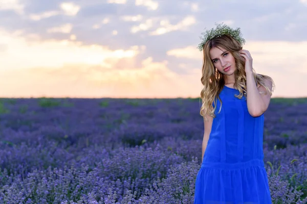 Hermosa chica en lavanda Campo al atardecer —  Fotos de Stock