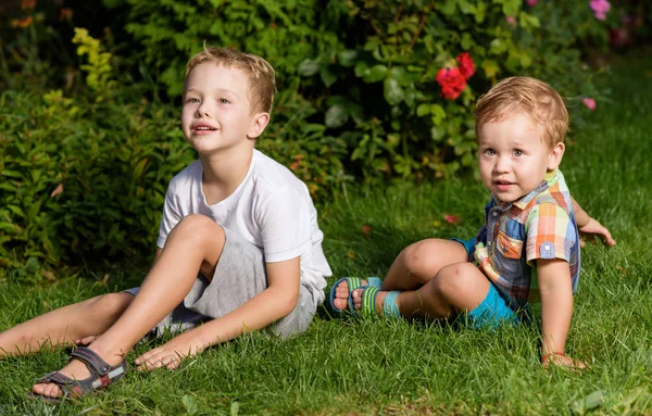 Dois irmãos adoráveis crianças se divertindo ao ar livre — Fotografia de Stock