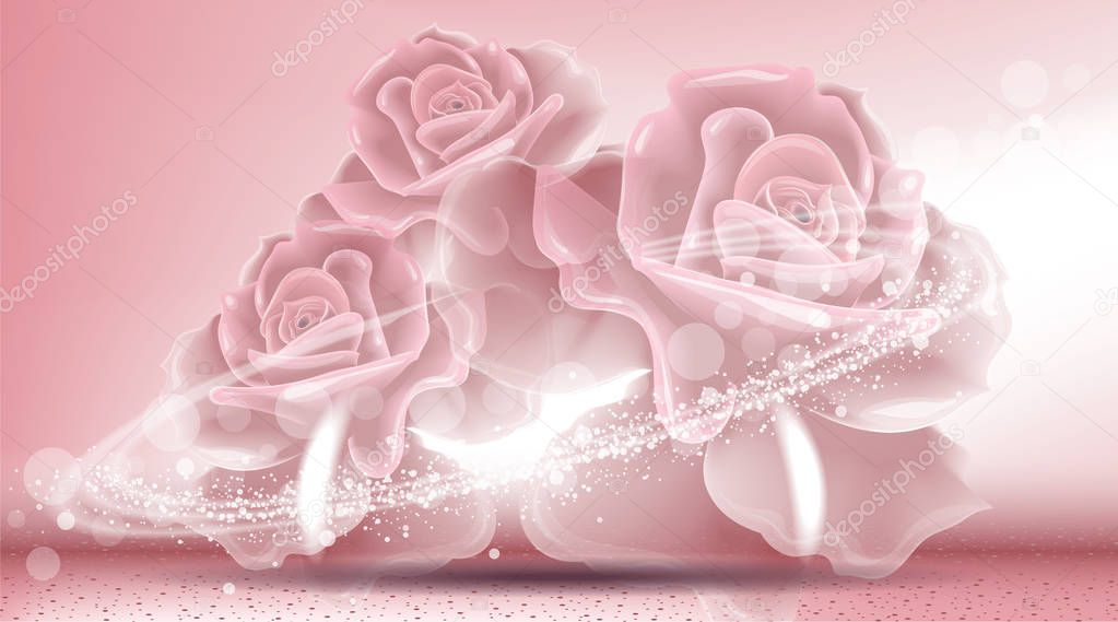 Rose flowers sparkling background. Ads template, droplet mock up isolated on dazzling roses backdrop. Place for brand text. Glamorous fragrance effects. Vector illustration pink color