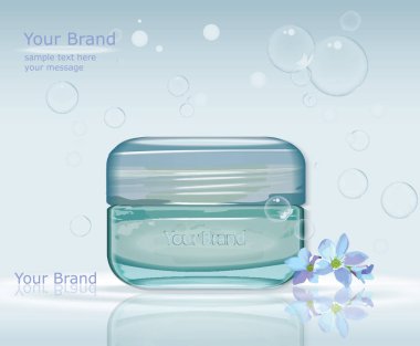 Aqua krem nemlendirici kozmetik reklamları şablonu. Nemlendirici yüz kremi. Anti-Aging formülü. Mockup 3d gerçekçi illüstrasyon. Köpüklü su üzerinde mavi arka plan damla