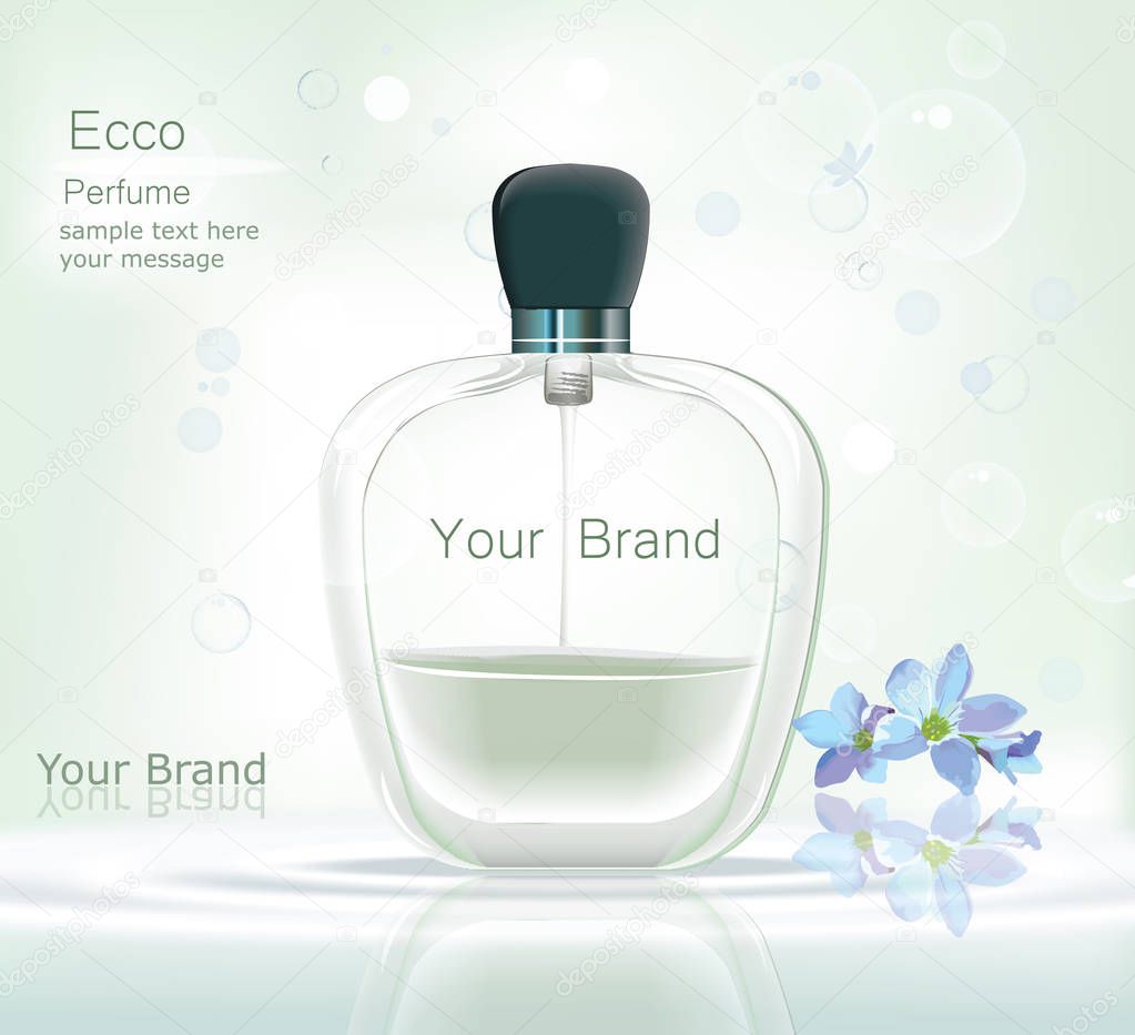Perfume bottle Cosmetic ads template, droplet bottle mock up isolated on dazzling blue background. Place for brand texts. Glamorous fragrance sparkling effects. Vector illustration