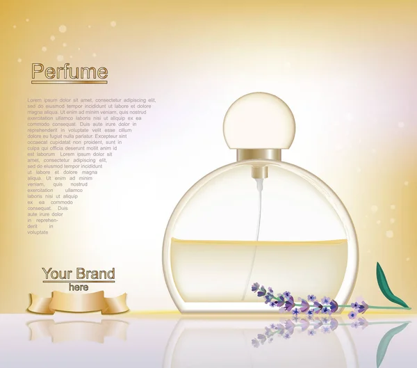 Lavanda Botella de perfume Plantilla de anuncios cosméticos, botella de gotita simulan aislado en el deslumbrante fondo azul. Lugar para el texto de marca. Efectos chispeantes de fragancia glamurosa. Ilustración vectorial — Vector de stock