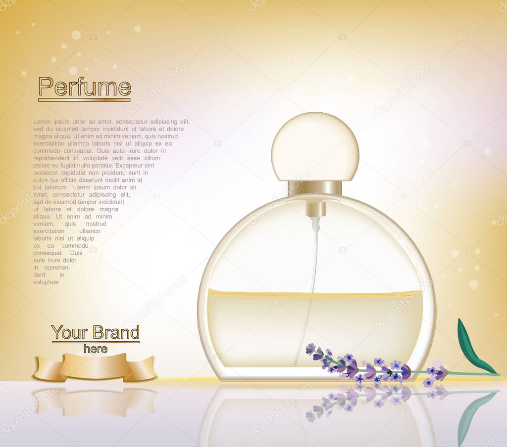 Lavender Perfume bottle Cosmetic ads template, droplet bottle mock up isolated on dazzling blue background. Place for brand texts. Glamorous fragrance sparkling effects. Vector illustration