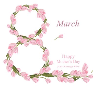 8 Mart Kadınlar Günü tebrik kartı. Sulu Boya gerçekçi Lale vektör çizim