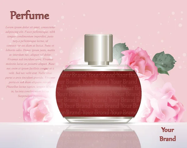 Modèle de cosmétiques de parfum et de publicités de parfum. Bouteille d'argent fond étincelant. Décor rose réaliste de roses. Illustration vectorielle 3d — Image vectorielle