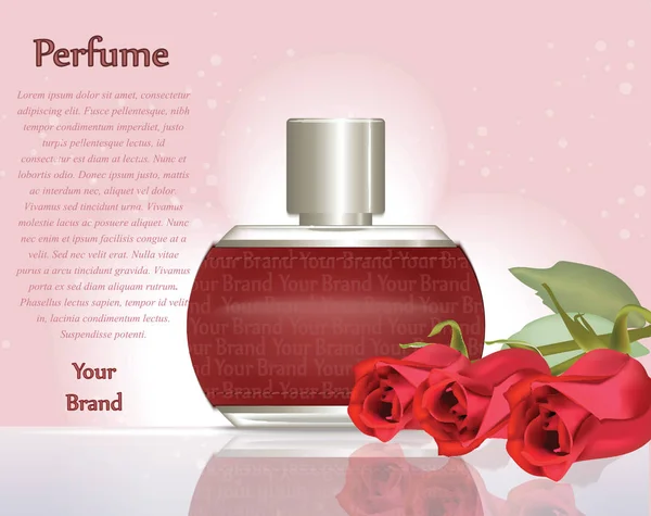 Parfüm kozmetik ve parfüm reklamları şablonu. Şişe köpüklü arka plan gümüş. Gerçekçi kırmızı gül dekor. 3D vektör çizim — Stok Vektör