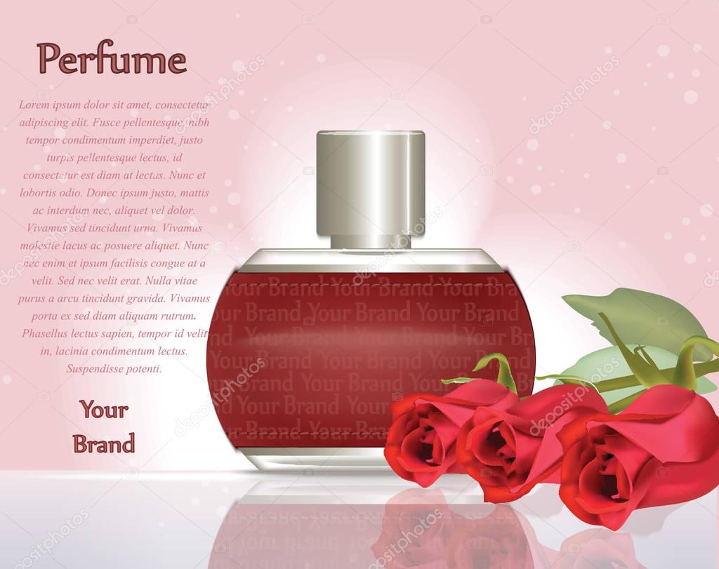 Perfume cosmetics and perfume ads template. Silver bottle sparkling background. 3d Vector illustration