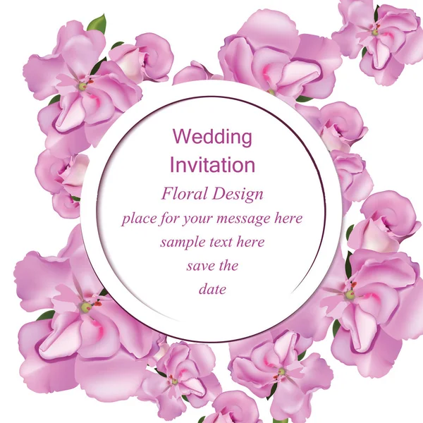 Yuvarlak kart arka plan bahar çiçek buketi. Düğün, doğum günü, yıldönümü için güzel kartpostal. Vektör çizim — Stok Vektör