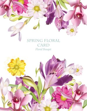 Bahar çiçek buketi dikey kart arka plan. Düğün, doğum günü, yıldönümü için güzel kartpostal. Vektör çizim
