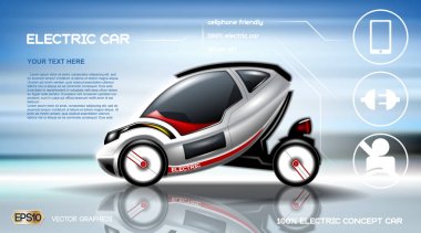 Gerçekçi 3d elektrikli otomobil Infographic kavramı. Dijital vektör elektrikli araba poster ile kutsal kişilerin resmi. e-ticaret iş kavramı