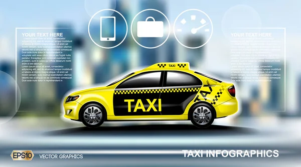 Realistic Taxi car Infographic. Urban city background. Online Cab Mobile App, Cab Booking, Map Navigation e-commerce business concept. Digital Vector — Stock Vector