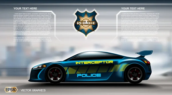 Realistic Police car futuristic concept Infographic. Urban city background. Online Cab Mobile App, Cab Booking, Map Navigation e-commerce business concept. Digital Vector — Stock Vector