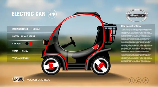 Realistisk 3d elbil infographic koncept. Digitala vektor elektriska bil affisch med ikoner. e-handel affärsidé — Stock vektor
