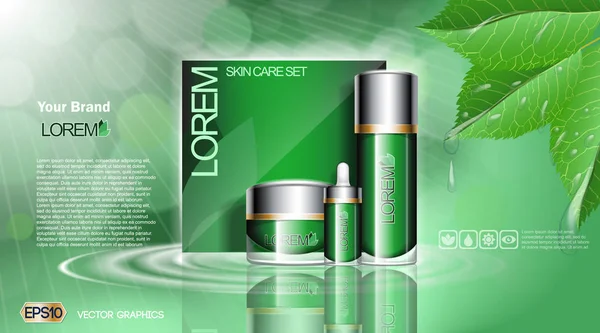 Green Cosmetic set ads template, moisturizing lotions collection mockup. Органические листья с водопадами. Ослепительный эффект фона. Сливки, баллончики, трубки. 3D-реалистичная векторная иллюстрация — стоковый вектор