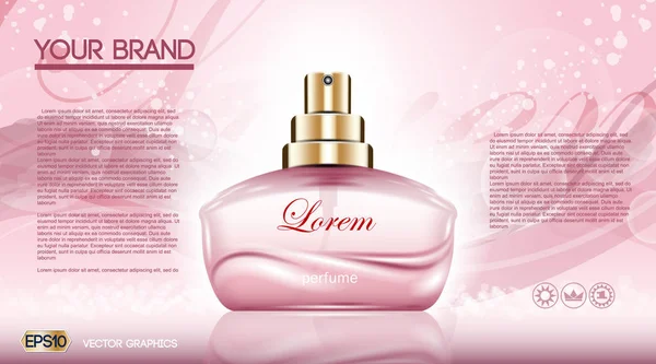 Frasco de perfume modelo de anúncios cosméticos, gotas garrafa mock up isolado no fundo rosas deslumbrantes. Lugar para texto de marca. Fragrância glamourosa efeitos cintilantes. Ilustração vetorial — Vetor de Stock