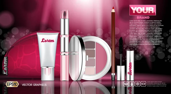 Cosmetische instellen advertenties sjabloon, mascara en eye shadows, lippenstift collectie cover mockup. Roze achtergrond geur. Schitterende effect achtergrond. 3D-realistische Vector Illustratie — Stockvector