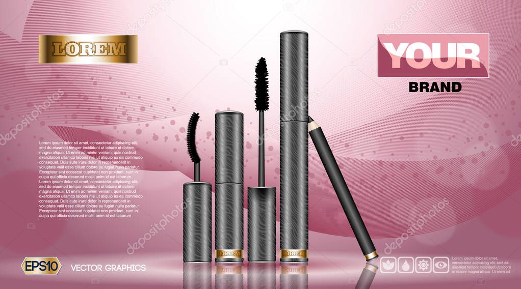 Cosmetic set ads template, mascara and brow s gel collection cover mockup. Pink background fragrance. Dazzling effect background. 3D Realistic Vector illustration