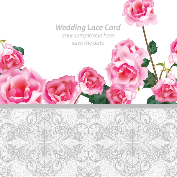 Fiori di rose e merletto invito al matrimonio delicato card. Illustrazione vettoriale — Vettoriale Stock