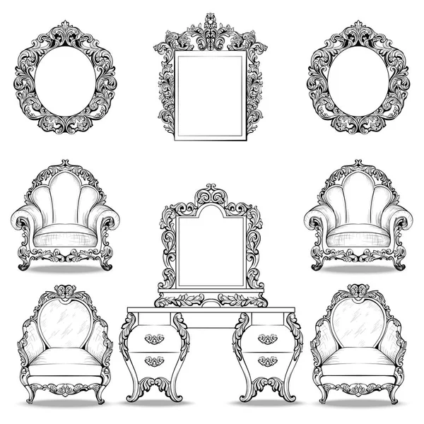 Bohaté barokní rokokové křeslo a stolek set. Francouzská luxusní vyřezávané ornamenty nábytku. Vektor viktoriánské skvělého stylu zdobené rámy — Stockový vektor