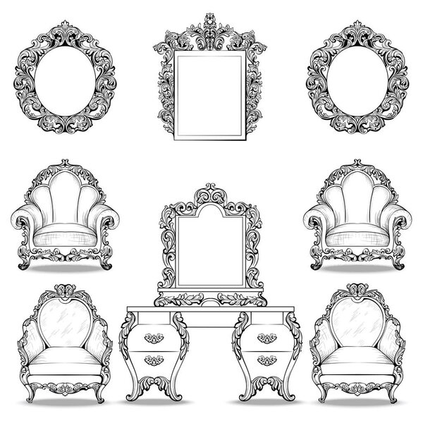 Rich Baroque Rococo armchair and dressing table set. French Luxury carved ornaments furniture. Vector Victorian exquisite Style decorated frames