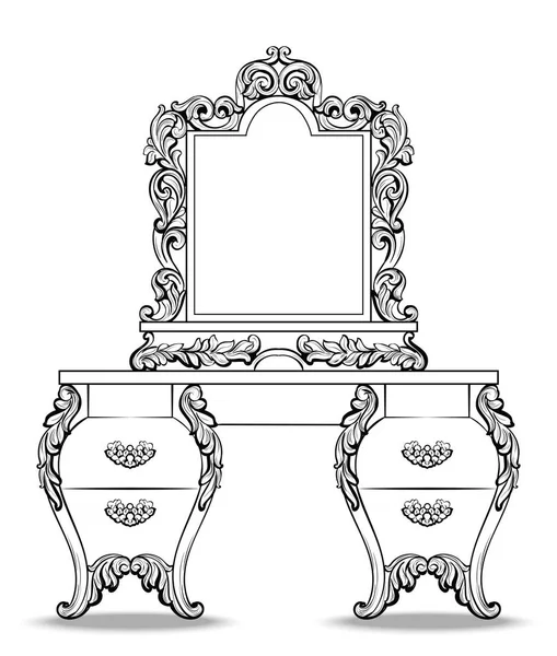 Fabuloso conjunto de consola barroca y marco de espejo. Vector francés Ricos ornamentos tallados de lujo. Muebles decorados estilo rico victoriano — Vector de stock