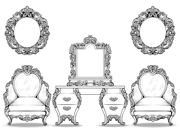 Sillón rococó barroco rico y juego de tocador. Mobiliario de adornos tallados de lujo francés. Vector victoriano exquisito estilo decorado marcos — Vector de stock