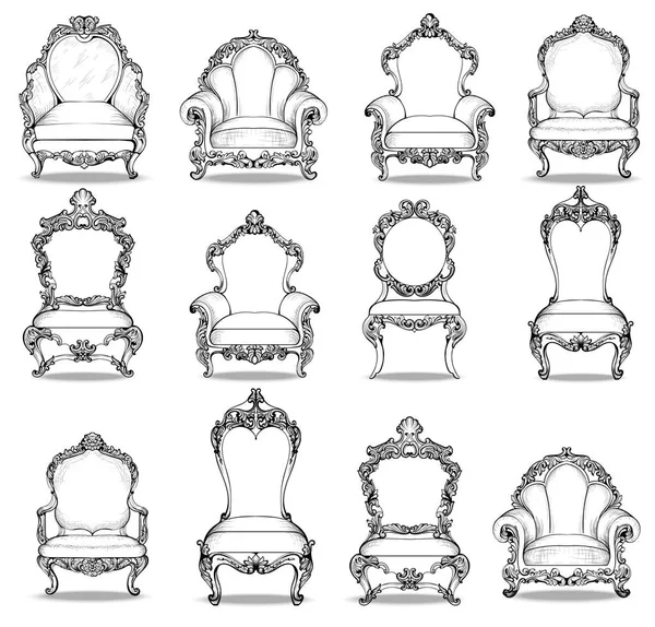 Vintage estilo barroco poltronas mobiliário conjunto coleção de luxo. Decoração de ornamentos esculpidos ricos em luxo francês. Vetor vitoriano mobiliário estilo requintado — Vetor de Stock