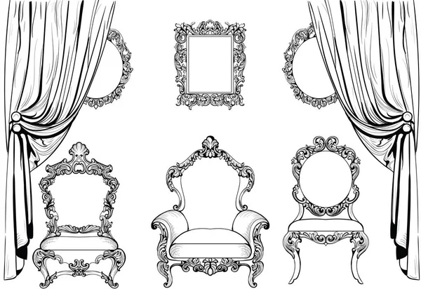 Riche ensemble de meubles et cadres baroque rococo impérial. Décorations françaises de luxe sculptées. Vector Victorian cadres décorés de style exquis — Image vectorielle