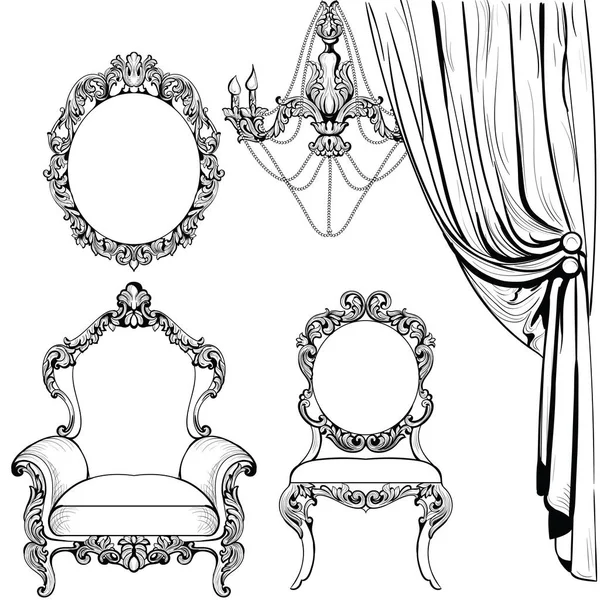 Meubles baroques impériaux et accessoires de décoration collection fauteuils ornement luxueux. Vector French Structure complexe et riche en luxe. Décor de style royal victorien — Image vectorielle