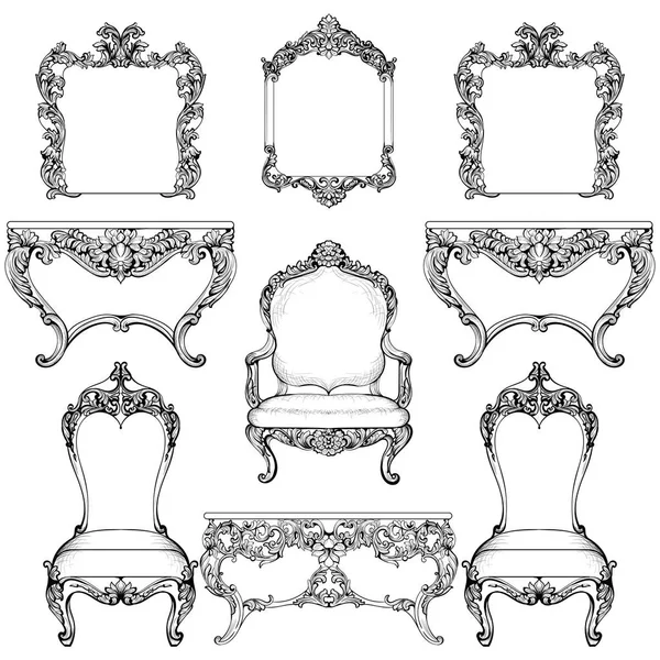 Rijk barok Rococo meubilair en frames instellen. Franse luxe gesneden ornamenten. Vector Victoriaanse exquise stijl ingericht frames — Stockvector