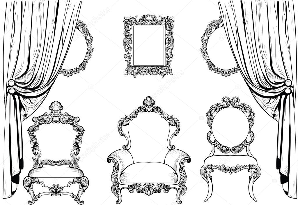 Rich Imperial Baroque Rococo furniture and frames set. French Luxury carved ornaments. Vector Victorian exquisite Style decorated frames