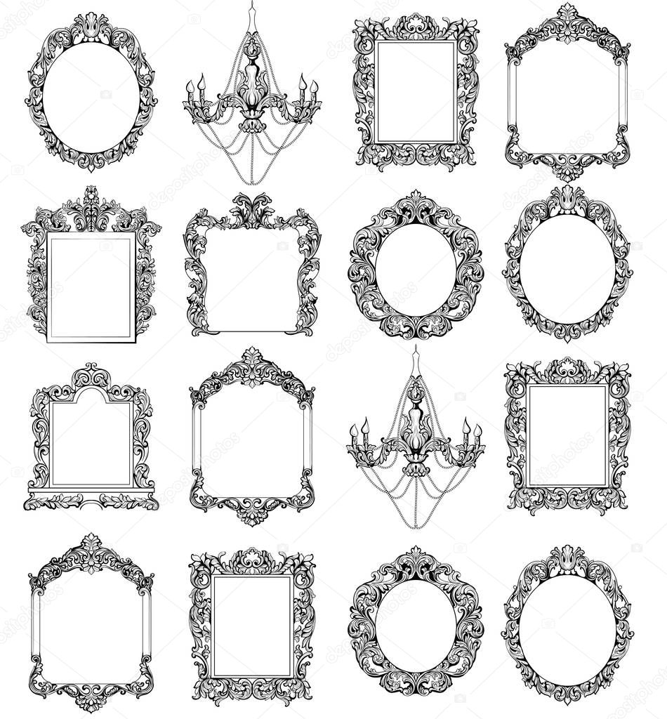 Rich Imperial Baroque Rococo frames set. French Luxury carved ornaments. Vector Victorian exquisite Style decorated frames