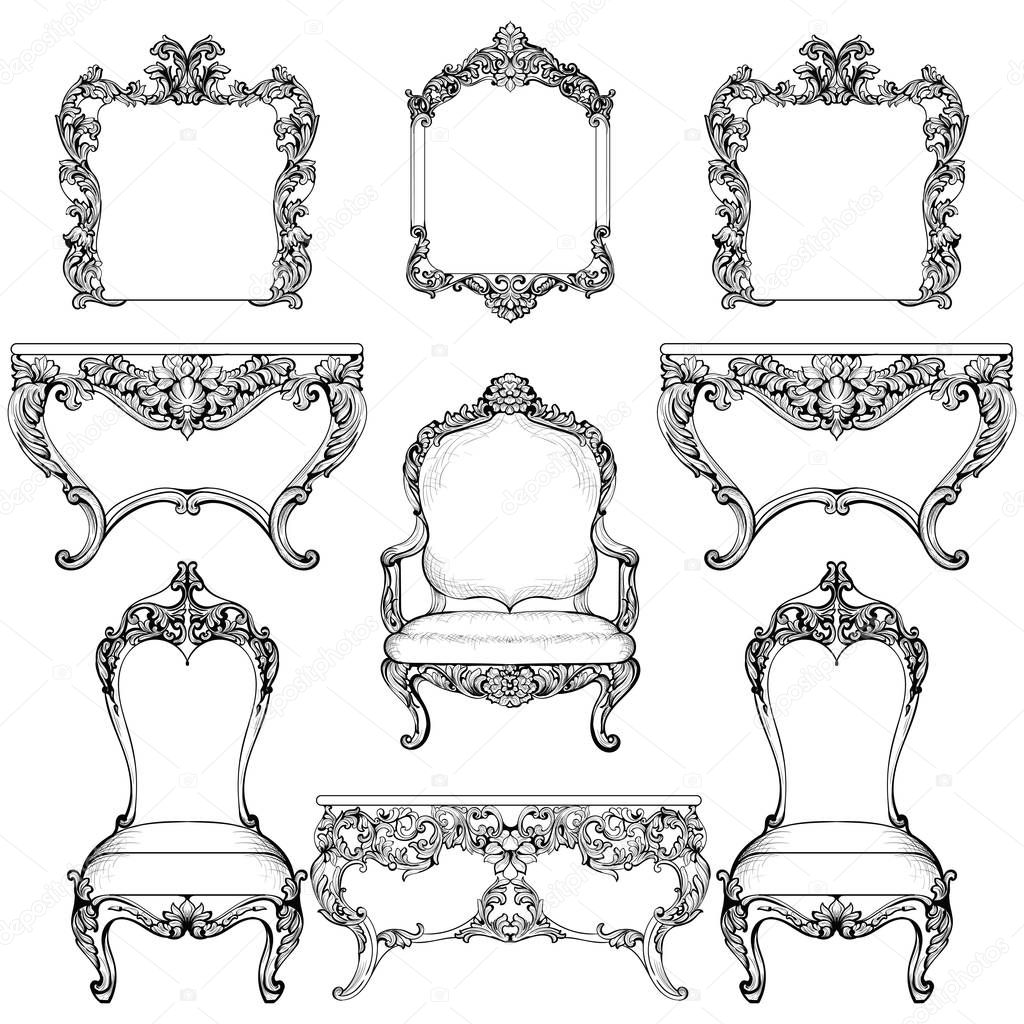 Rich Baroque Rococo furniture and frames set. French Luxury carved ornaments. Vector Victorian exquisite Style decorated frames
