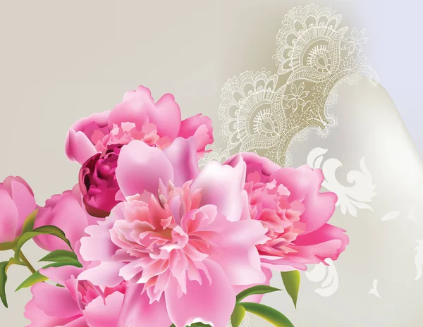 Ramo de flores de peonía. con encaje delicado Primavera composición natural fresca Vector ilustración — Vector de stock