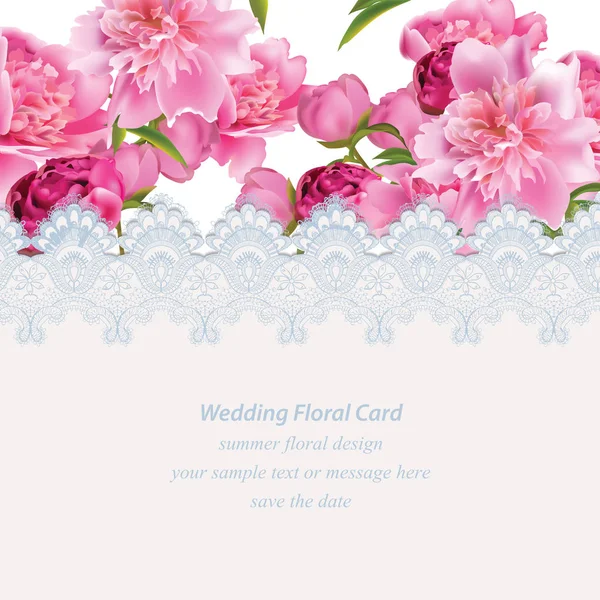 Flores de peonía y delicada tarjeta de encaje. Composición natural fresca primavera Ilustración vectorial — Vector de stock