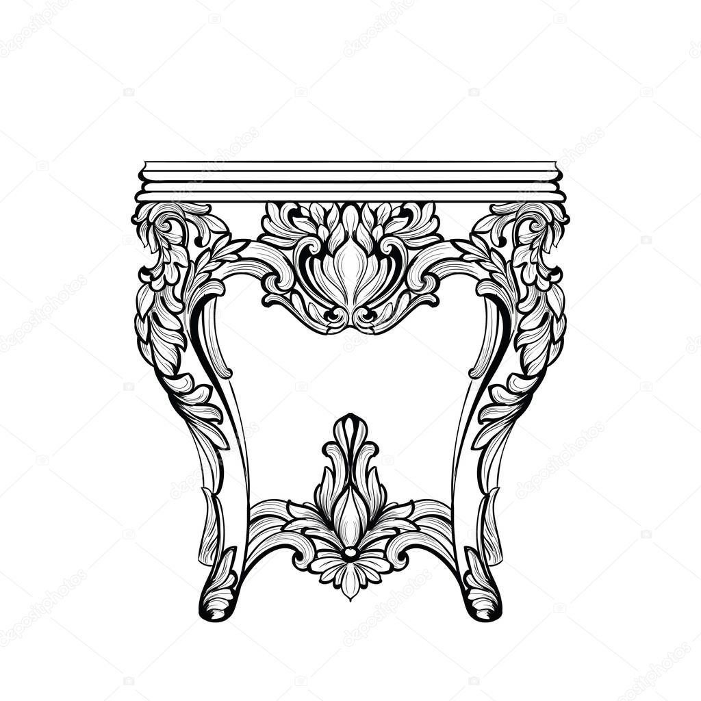 Imperial Baroque Console Table. French Luxury carved ornaments decorated table furniture. Vector Victorian Royal Style