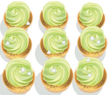 Cupcakes beyaz bir tablo. Yaz lezzetli tatlılar yeşil renk