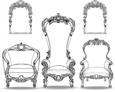 İmparatorluk Barok koltuklar ile lüks süsler ayarlayın. Fransız lüks zengin karmaşık yapısı vektör. Royal Victoria tarzı dekor