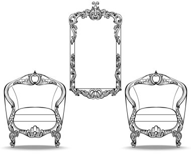 İmparatorluk Barok sandalye ve ayna çerçeve ile lüks süsler. Fransız lüks zengin karmaşık yapısı vektör. Royal Victoria tarzı dekor
