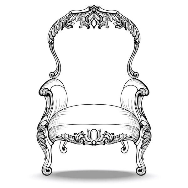 Классическое кресло в стиле барокко с богатым орнаментом. Векторная французская роскошь богата интригами. Королевский стиль викторианской эпохи
