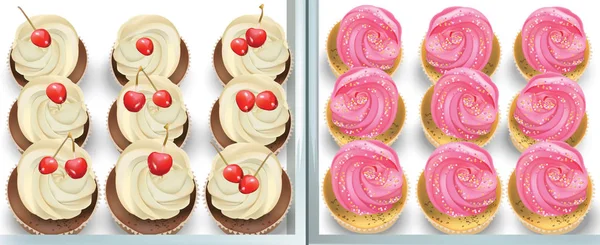 Cupcakes på ett vitt bord. Sommaren läckra desserter jordgubb och körsbär vanilj smaker — Stock vektor