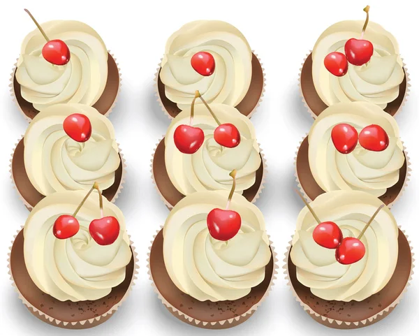 Cupcakes auf einem weißen Tisch. Sommer köstliche Desserts Kirsch Vanille Aromen — Stockvektor