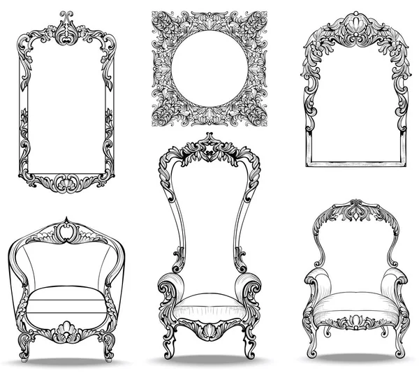 Императорские кресла в стиле барокко с роскошными орнаментами. Векторная французская роскошь богата интригами. Королевский стиль викторианской эпохи — стоковый вектор