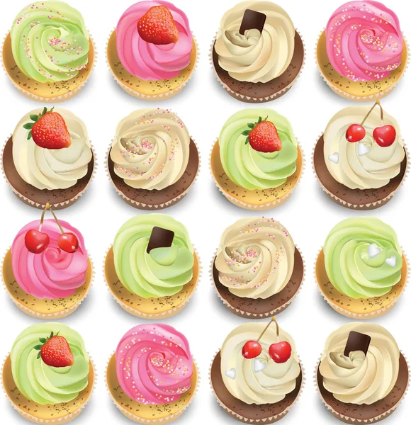 Cupcakes establecidos en un fondo blanco. Verano deliciosos postres coloridos — Vector de stock