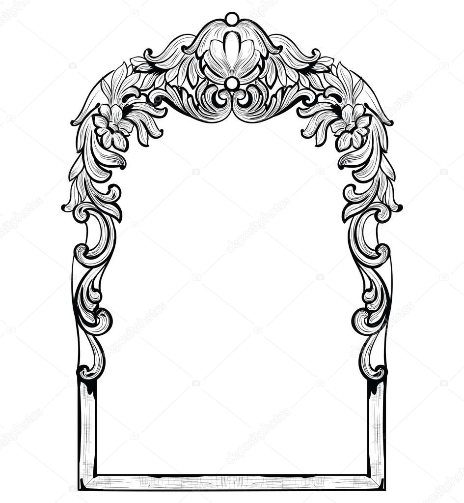 Vintage Imperial Baroque Mirror frame. Vector French Luxury rich intricate ornaments. Victorian Royal Style decor