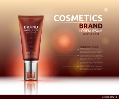 Nemlendirici serum veya jel kozmetik reklamları şablonu. Nemlendirici yüz kremi veya Bronzlaştırıcı. Mockup 3d gerçekçi illüstrasyon. Parlak arka plan renkleri